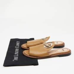 Pre Owned Fendi Brown Leather F Logo Open Toe Flat Mules 37