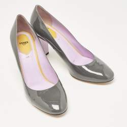 Fendi Grey Patent Leather Round Tote Pumps Size 41