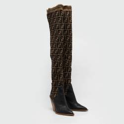 مملوكة مسبقًا Fendi Black/Beige Zucca Fabric And Leather Colibri Knee Length Boots Size 38