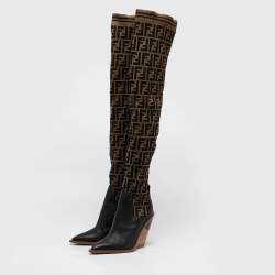 مملوكة مسبقًا Fendi Black/Beige Zucca Fabric And Leather Colibri Knee Length Boots Size 38
