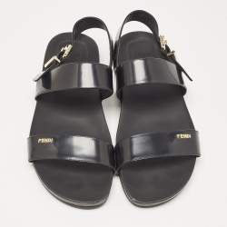 Pre Owned Fendi Black Patent Leather Strap Buckle Flats Size 40