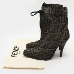 Fendi Green Zucca Canvas Ankle Length Boots Size 37.5