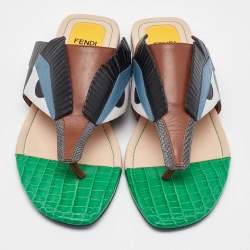Pre Owned Fendi Multicolor Leather Bug Monster Flat Thong Sandals Size 37