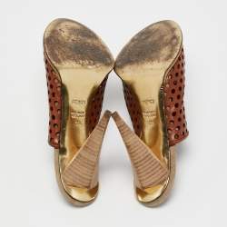 Fendi Brown Cut Out Leather Open Toe Slide Sandals Size 39