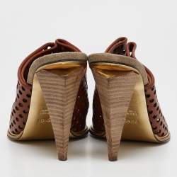 Fendi Brown Cut Out Leather Open Toe Slide Sandals Size 39