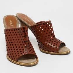 Fendi Brown Cut Out Leather Open Toe Slide Sandals Size 39