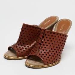 Fendi Brown Cut Out Leather Open Toe Slide Sandals Size 39