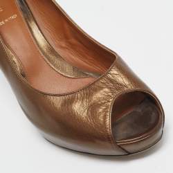 Fendi Bronze Leather Zucca Print Heel Peep Toe Pumps Size 40