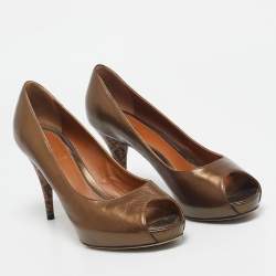Fendi Bronze Leather Zucca Print Heel Peep Toe Pumps Size 40