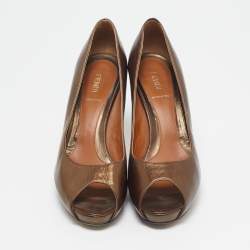 Fendi Bronze Leather Zucca Print Heel Peep Toe Pumps Size 40