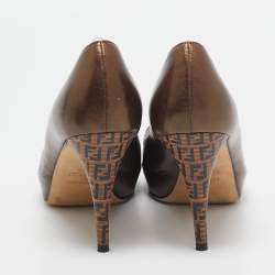 Fendi Bronze Leather Zucca Print Heel Peep Toe Pumps Size 40