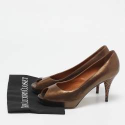 Fendi Bronze Leather Zucca Print Heel Peep Toe Pumps Size 40