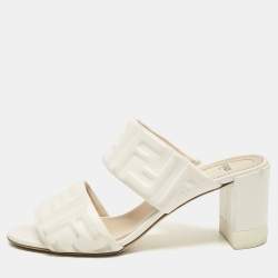 Fendi White Leather FF Block Heel Slide Sandals Size 39