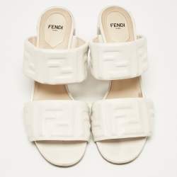 Fendi White Leather FF Block Heel Slide Sandals Size 39