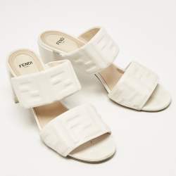 Fendi White Leather FF Block Heel Slide Sandals Size 39