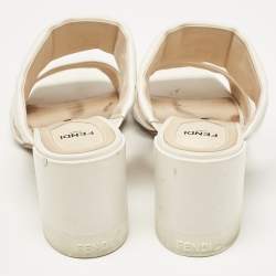 Fendi White Leather FF Block Heel Slide Sandals Size 39