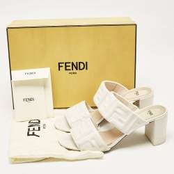 Fendi White Leather FF Block Heel Slide Sandals Size 39