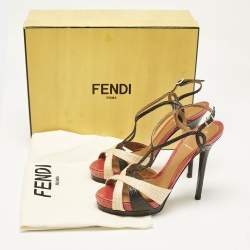Fendi Tri Color Raffia and Snakeskin Strappy Slingback Platform Sandals Size 38