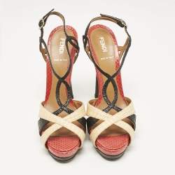 Fendi Tri Color Raffia and Snakeskin Strappy Slingback Platform Sandals Size 38