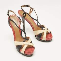 Fendi Tri Color Raffia and Snakeskin Strappy Slingback Platform Sandals Size 38