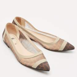 Fendi Brown/White Zucca Mesh And Leather Colibri Ballet Flats Size 38.5