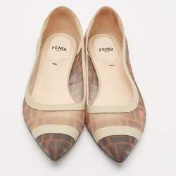 Fendi Brown/White Zucca Mesh And Leather Colibri Ballet Flats Size 38.5