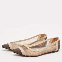 Fendi Brown/White Zucca Mesh And Leather Colibri Ballet Flats Size 38.5