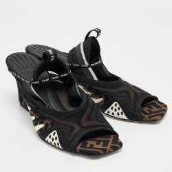 Fendi Black Neoprene and Mesh Freedom FF Patchwork Slingback Sandals Size 40.5