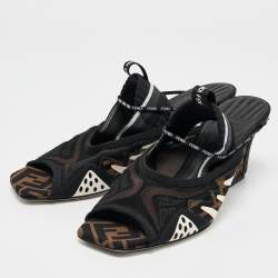 Fendi Black Neoprene and Mesh Freedom FF Patchwork Slingback Sandals Size 40.5