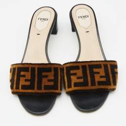 Fendi Brown Zucca Velvet Open Toe Slide Sandals Size 37