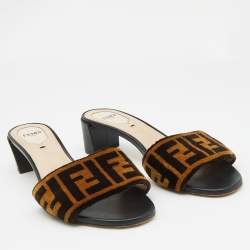 Fendi Brown Zucca Velvet Open Toe Slide Sandals Size 37