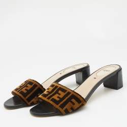 Fendi Brown Zucca Velvet Open Toe Slide Sandals Size 37