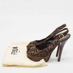 Fendi Tobacco Zucca Canvas Fendista Platform Peep Toe Slingback Pumps Size 39