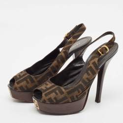 Fendi Tobacco Zucca Canvas Fendista Platform Peep Toe Slingback Pumps Size 39