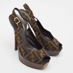 Fendi Tobacco Zucca Canvas Fendista Platform Peep Toe Slingback Pumps Size 39