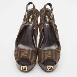 Fendi Tobacco Zucca Canvas Fendista Platform Peep Toe Slingback Pumps Size 39