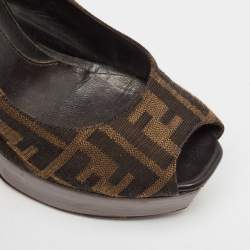 Fendi Tobacco Zucca Canvas Fendista Platform Peep Toe Slingback Pumps Size 39