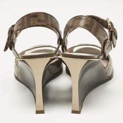 Pre Owned Fendi Brown Zucca Coated Canvas Motif Logo Wedge Ankle Strap Sandals Size 37