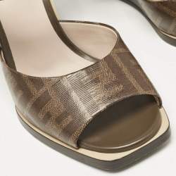 Pre Owned Fendi Brown Zucca Coated Canvas Motif Logo Wedge Ankle Strap Sandals Size 37