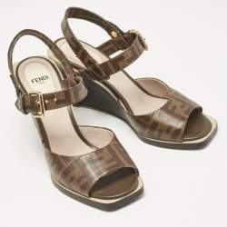 Pre Owned Fendi Brown Zucca Coated Canvas Motif Logo Wedge Ankle Strap Sandals Size 37