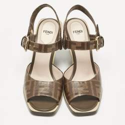 Pre Owned Fendi Brown Zucca Coated Canvas Motif Logo Wedge Ankle Strap Sandals Size 37