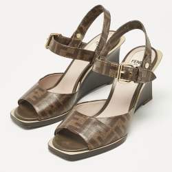 Pre Owned Fendi Brown Zucca Coated Canvas Motif Logo Wedge Ankle Strap Sandals Size 37