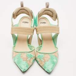 Fendi Green Embroidery Mesh and Fabric Colibri Slingback Pumps Size 35