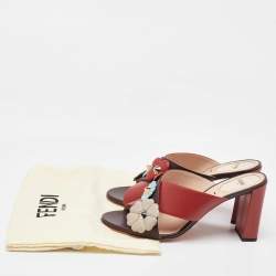 Fendi Red/Brown Leather Flowerland CrissCross Slide Sandals Size 40