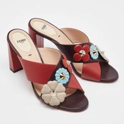 Fendi Red/Brown Leather Flowerland CrissCross Slide Sandals Size 40