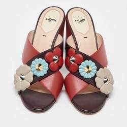 Fendi Red/Brown Leather Flowerland CrissCross Slide Sandals Size 40