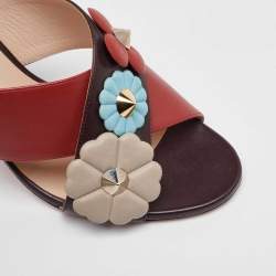 Fendi Red/Brown Leather Flowerland CrissCross Slide Sandals Size 40