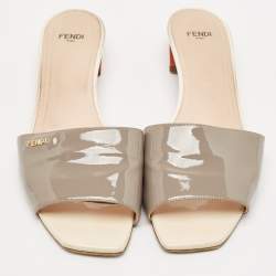 Fendi Grey Patent Leather Slide Sandals Size 41