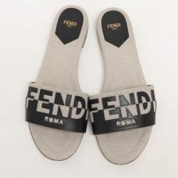 Fendi Grey/Black Canvas and Leather FF Flat Slide Size 40