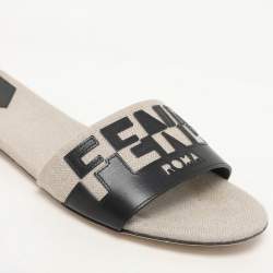 Fendi Grey/Black Canvas and Leather FF Flat Slide Size 40